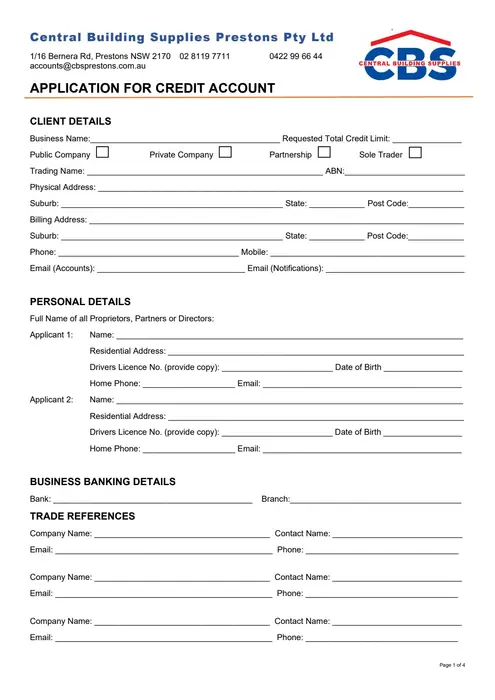 CBS 30-Day Credit Application