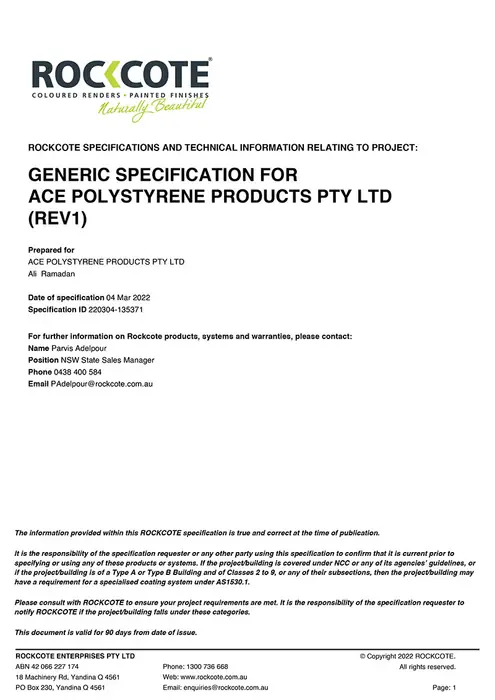 Rockcote Specification for ACE Panels